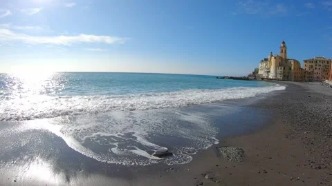 The empty beach with waves in The coastal Town Camogli In Liguria Italy Video stock 131847023