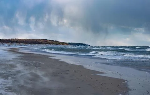 Empty beach wind with tree line against the cloudy sky in Palanga city Stock Photos