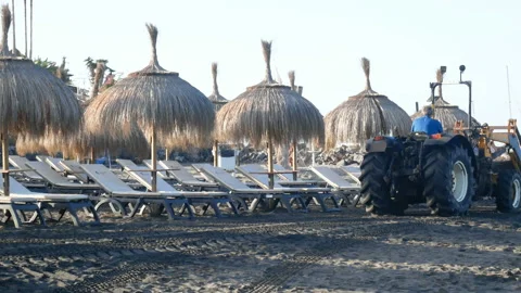 Empty beaches and tractor on black sand beach, wild and power of the atlantic Stock Footage 144007409