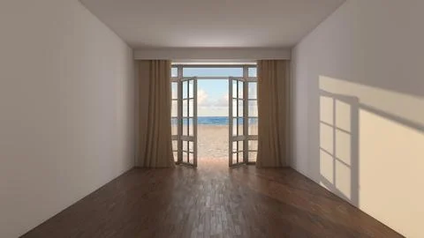 Empty Beachfront Interior With Curtains And Ocean View 스톡 일러스트