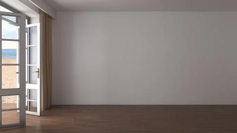 Empty Beachfront Interior With Open Door And Ocean View Stock Illustration