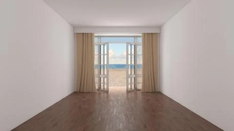Empty Beachfront Room With Curtains And Open Doors To Ocean Иллюстрация