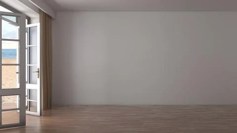 Empty Beachfront Room Interior With Open Glass Door And Ocean View Stock Illustration