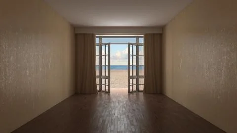 Empty Beachfront Room Interior With Open Doors To Sea Stock Illustration
