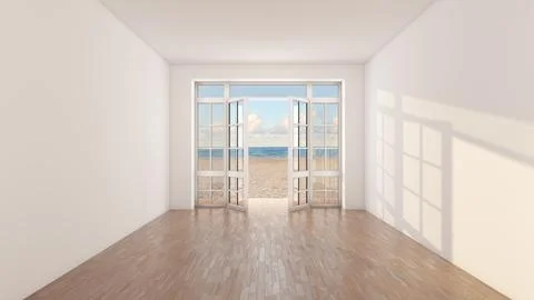 Empty Beachfront Room Interior With Open Doors To Ocean View 库存插图