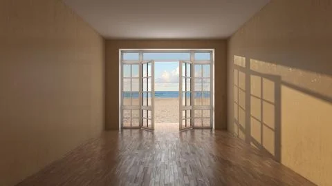 Empty Beachfront Room With Open Glass Doors And Ocean View Stock Illustration