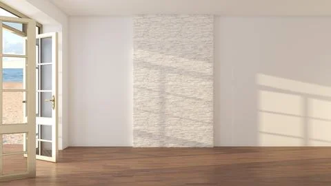 Empty Beachfront Room With Stone Accent Wall And Ocean View Stock Illustration