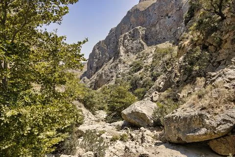 Empty bed of a river that flows through a topolia gorge on the crete Stock Photos