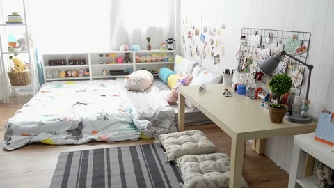 Empty bedroom with bed, table and furniture Stock Footage 96729614