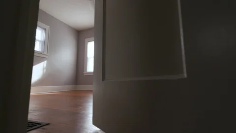 Empty Bedroom Door Opens Move Forward Change in Mood Stock Footage 112884803