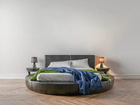 Empty bedroom with a king-size bed and a picture on the wall. On the floor .. Stock Illustration