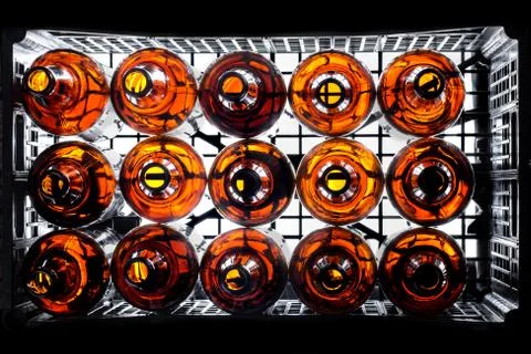 Empty beer amber bottle box with backlit aerial view Stock Photos
