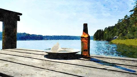 An empty beer bottle and an empty plate on a table at the dock. Illustrazione stock