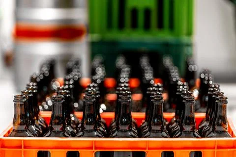 Empty beer bottles in brewery Stock Photos