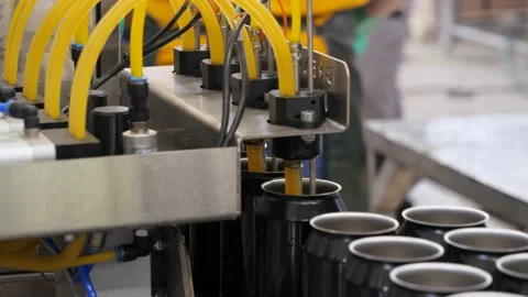 Empty beer cans are filled with fruit beer at the brewery's filling line. Close Video stock 149664226