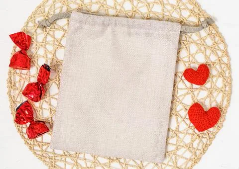 Empty beige gift bag mockup for Valentin's day Stock Photos