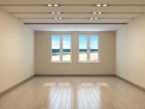 Empty Beige Interior with a Sea View, Two windows, Light Parquet Stock Illustration