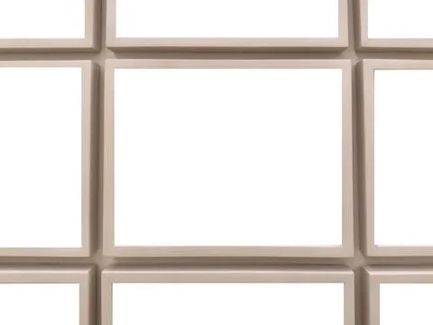 Empty beige picture frames arranged in a tight grid pattern on white backgr.. Stock Photos