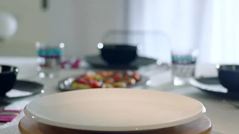 Empty Beige Plate Spinning on Set Dinner Table Copy Space 4K Vídeos de archivo 347364225