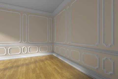 Empty beige room corner with molding and parquet closeup Stock Illustration