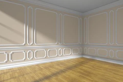 Empty beige room with molding and parquet floor closeup Stock Illustration