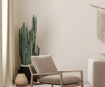 Empty beige wall mock up in country, boho style interior background with armc Stock Illustration