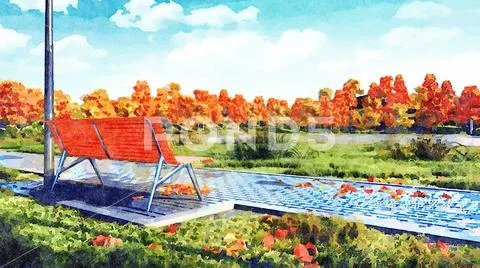 Empty bench in autumn park watercolor landscape Stock Illustration