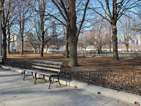 Empty bench in Chicago park Stock Photos