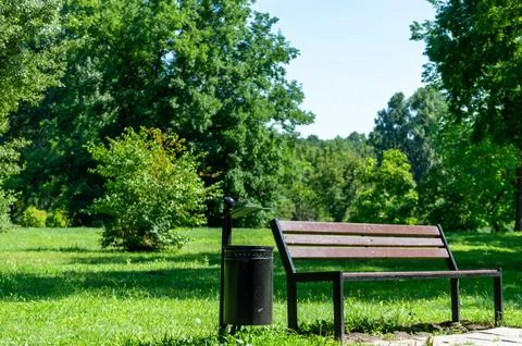 Empty bench in an empty park during a pandemic Stock Photos