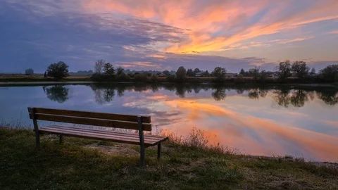 Empty Bench at Lake Stock Footage 99416673