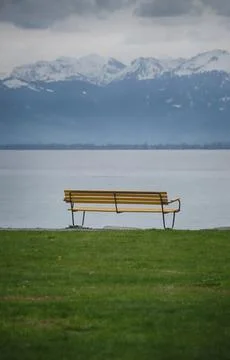 Empty bench over Lake Constance Stock Photos