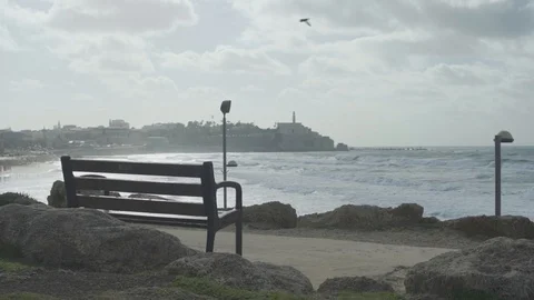 Empty bench over-looking the beach of Tel Aviv with Jaffa in BG Stock Footage 100704777