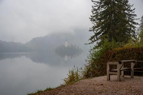 Empty bench overlooking lake bled on a foggy autumn morning Stockfoto's
