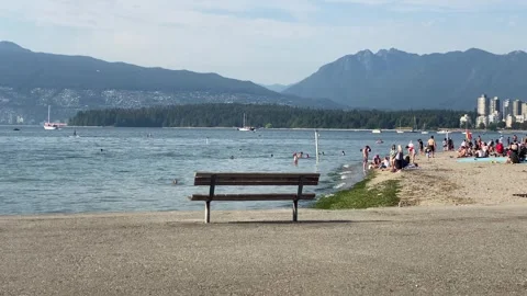 Empty Bench at Summer Tourist Beach in Vancouver, BC Canada Stock Footage 280812980