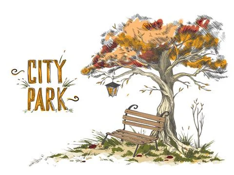 An empty bench under crown tree with lantern in autumn park or garden. Ilustración de archivo