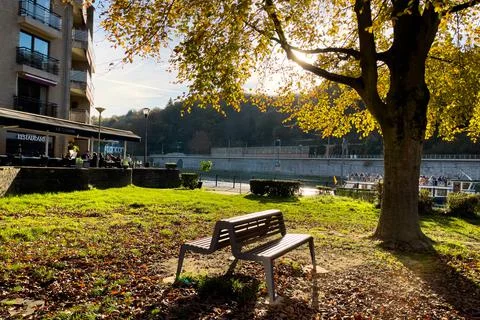 Empty bench under a trees during autumn in Dinant, Belgium Stock Photos