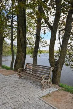 Empty bench by the water Stock Photos
