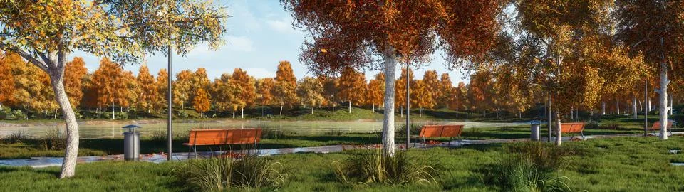 Empty benches and trees on pathway in autumn park Ilustración de archivo