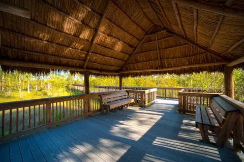 Empty benches on a bridge Stock Photos
