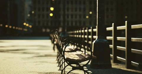 Empty benches line a quiet riverside promenade in the late afternoon light Stock Illustration