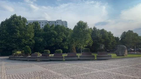 Empty benches in a park Stock Photos