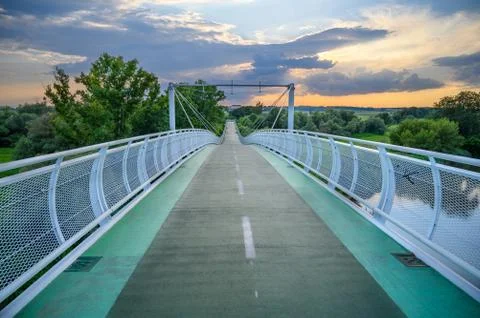 Empty bicycle bridge (called Freedom bridge) connecting two countries Slovaki Stock Photos