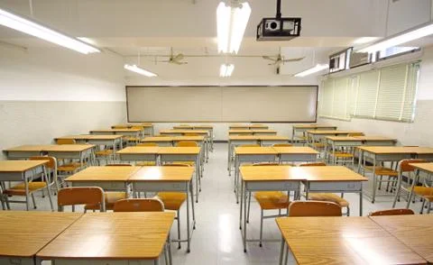 Empty big classroom at school Stock Photos
