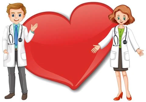 Empty big heart banner with two doctors cartoon character Illustrazione stock