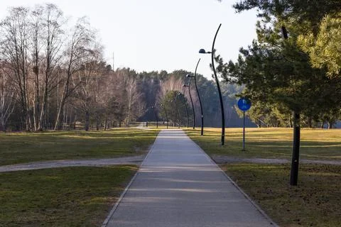 Empty bike and pedestrian path through quiet parkland toward forest Stock Photos