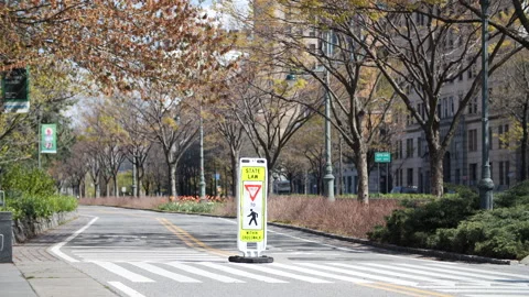 Empty bike path along the West Side highway with sign Stock Footage 314929212