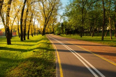 Empty bike path route infrastructure early in the spring sunny morning. No pe Stock Photos