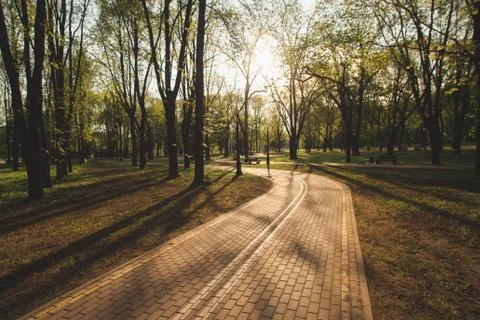 Empty bike path route infrastructure early in the spring sunny morning. No pe Stock Photos