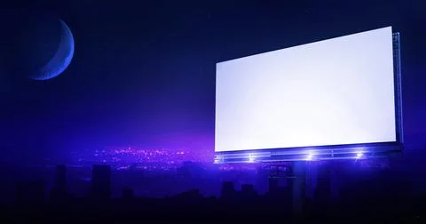 Empty billboard on a retro blue night, graphic design city Ilustración de archivo