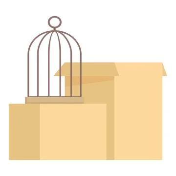 Empty birdcage standing on cardboard boxes moving house concept Illustrazione stock